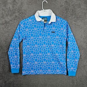 A-Lab Mens Blue Pink Floral Graphic Long Sleeve Rugby Polo Shirt Medium